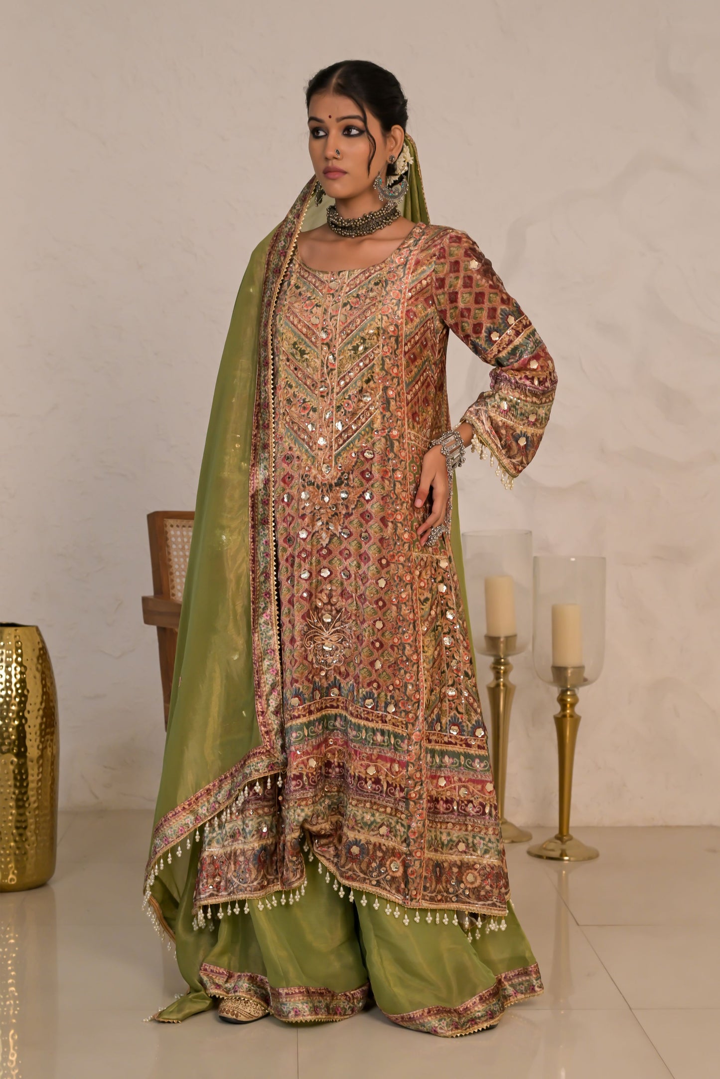 Crimson Wood Brown Printed Velvet Suit with Heritage Patterns – Noor Winter Luxe