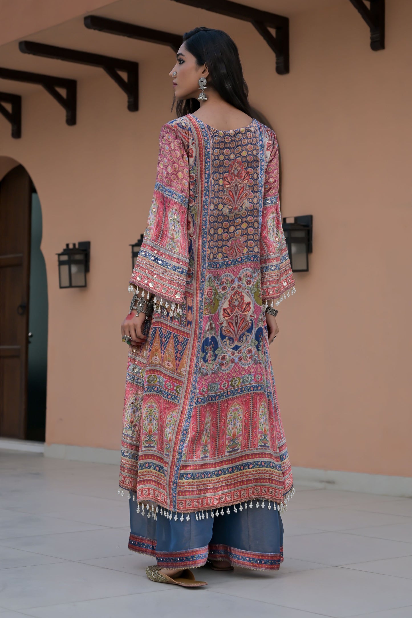 Dusk Blue Printed Velvet Suit with Artistic Borders – Noor Radiance Edit