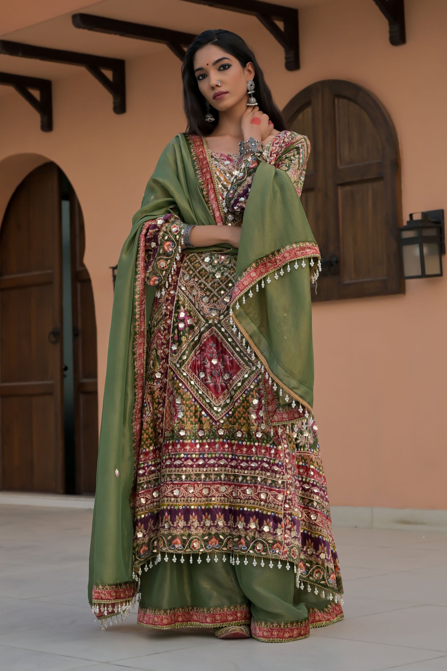 Emerald Green Printed Velvet Ensemble with Gold Motifs – Noor Festive Glam