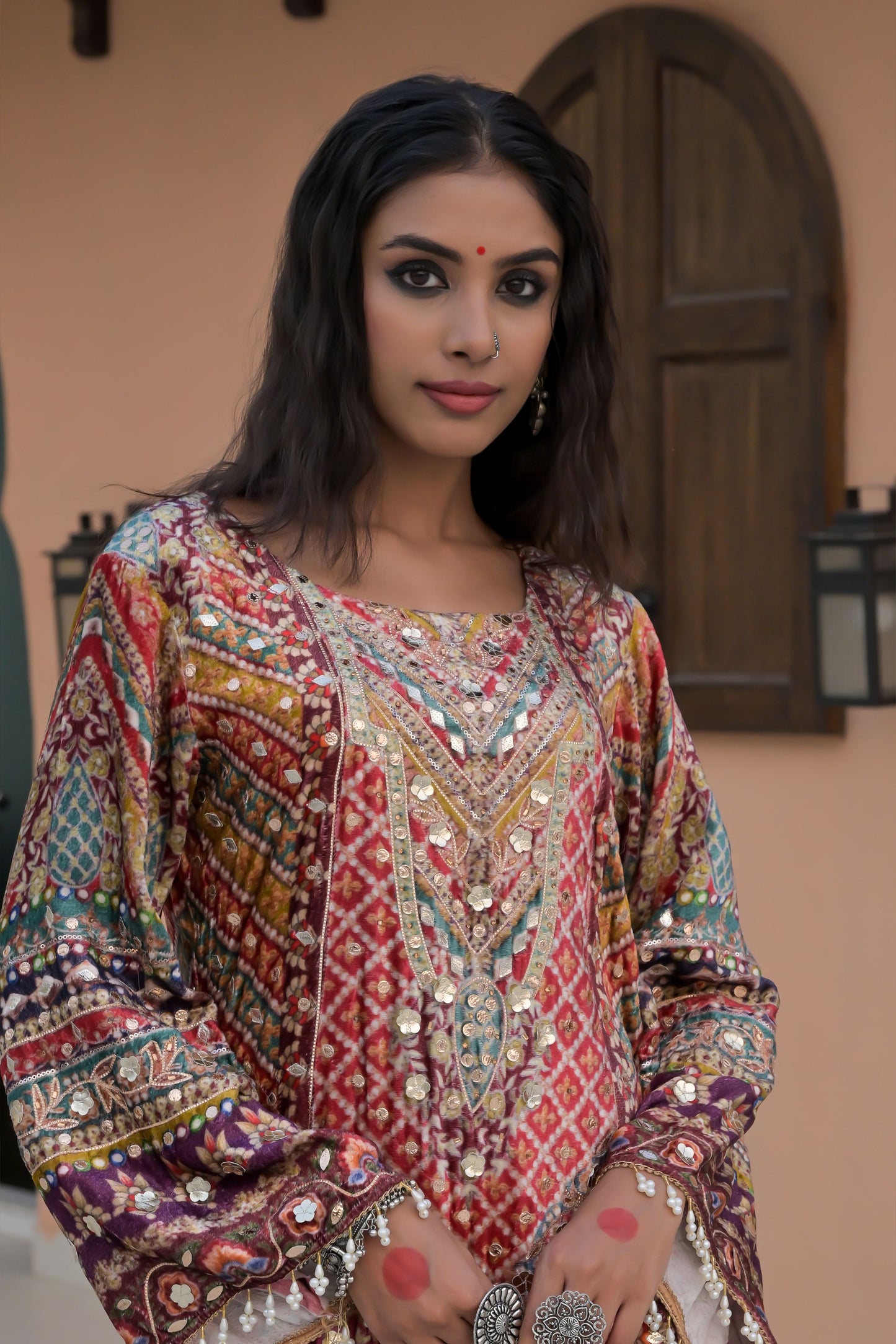 Emerald Copper Rust Printed Velvet Ensemble Suit – Noor Festive Glam