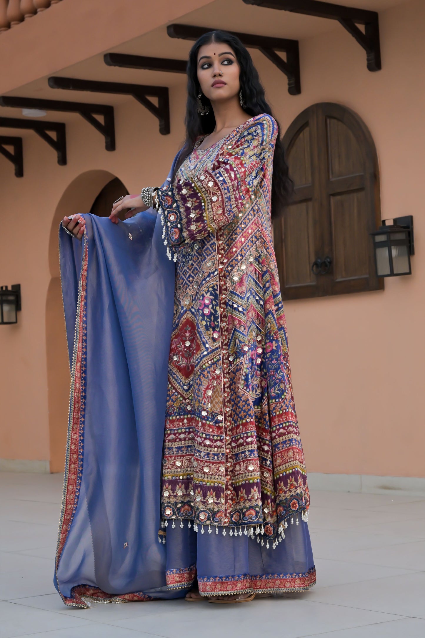 Emerald Dusky Blue  Printed Velvet Ensemble Suit – Noor Festive Glam