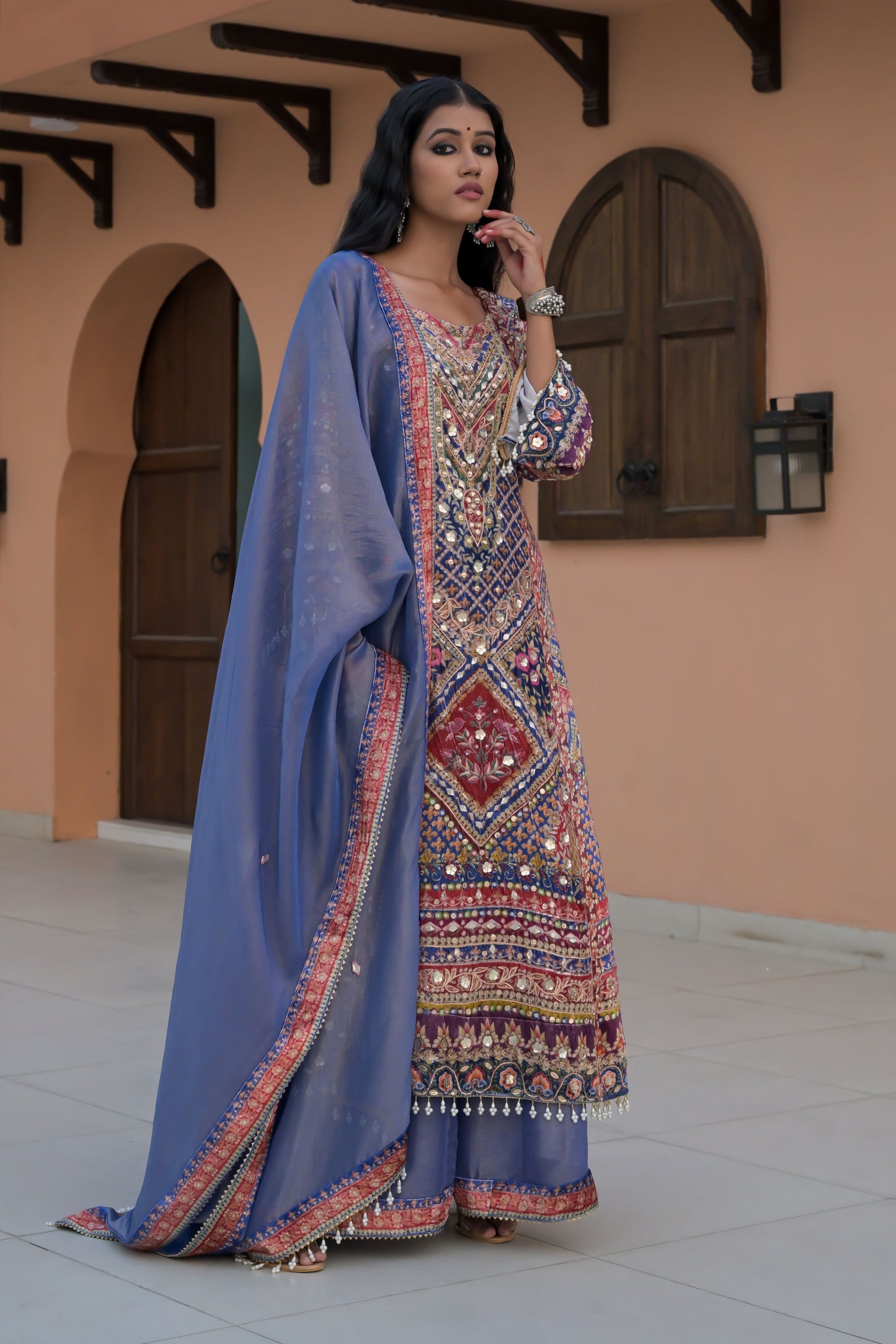 Emerald Dusky Blue  Printed Velvet Ensemble Suit – Noor Festive Glam