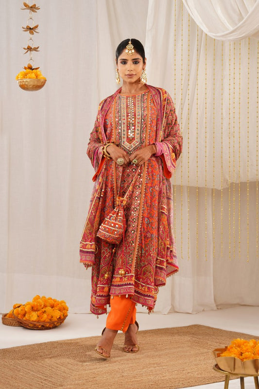 Riwayat Embroidered  Orange Crepe Choga Suit - Regal Legacy