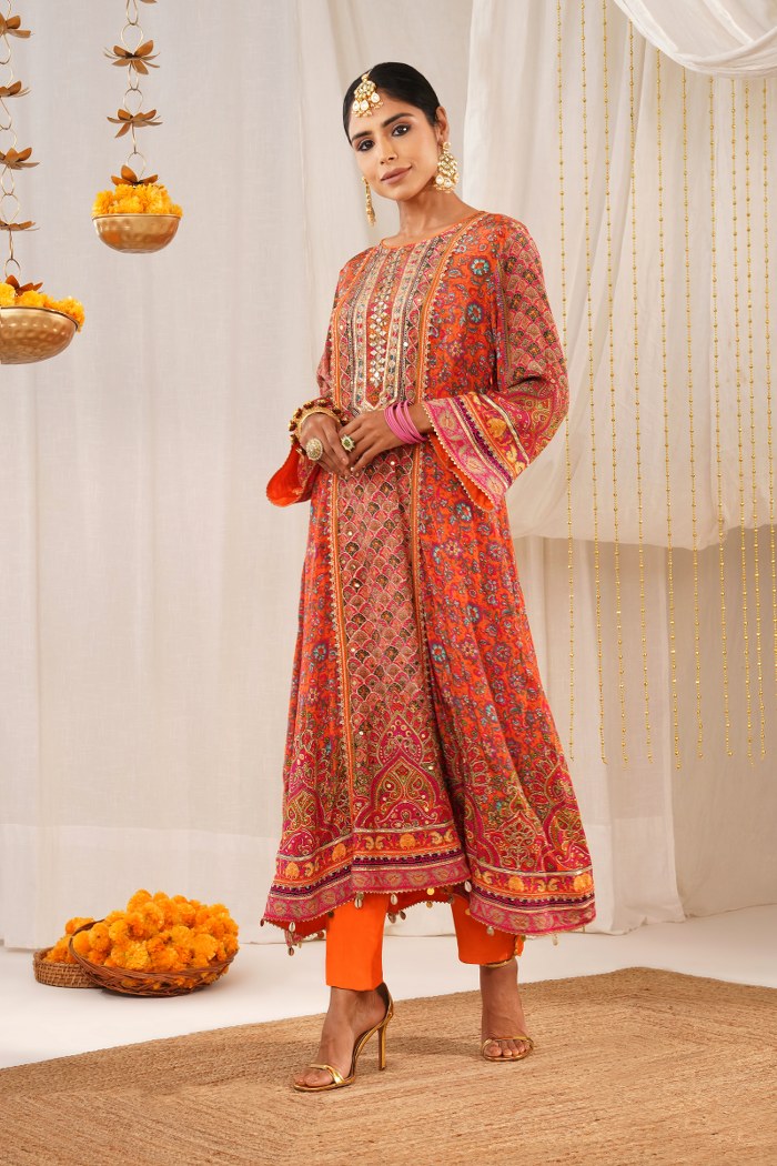 Riwayat Embroidered  Orange Crepe Choga Suit - Regal Legacy