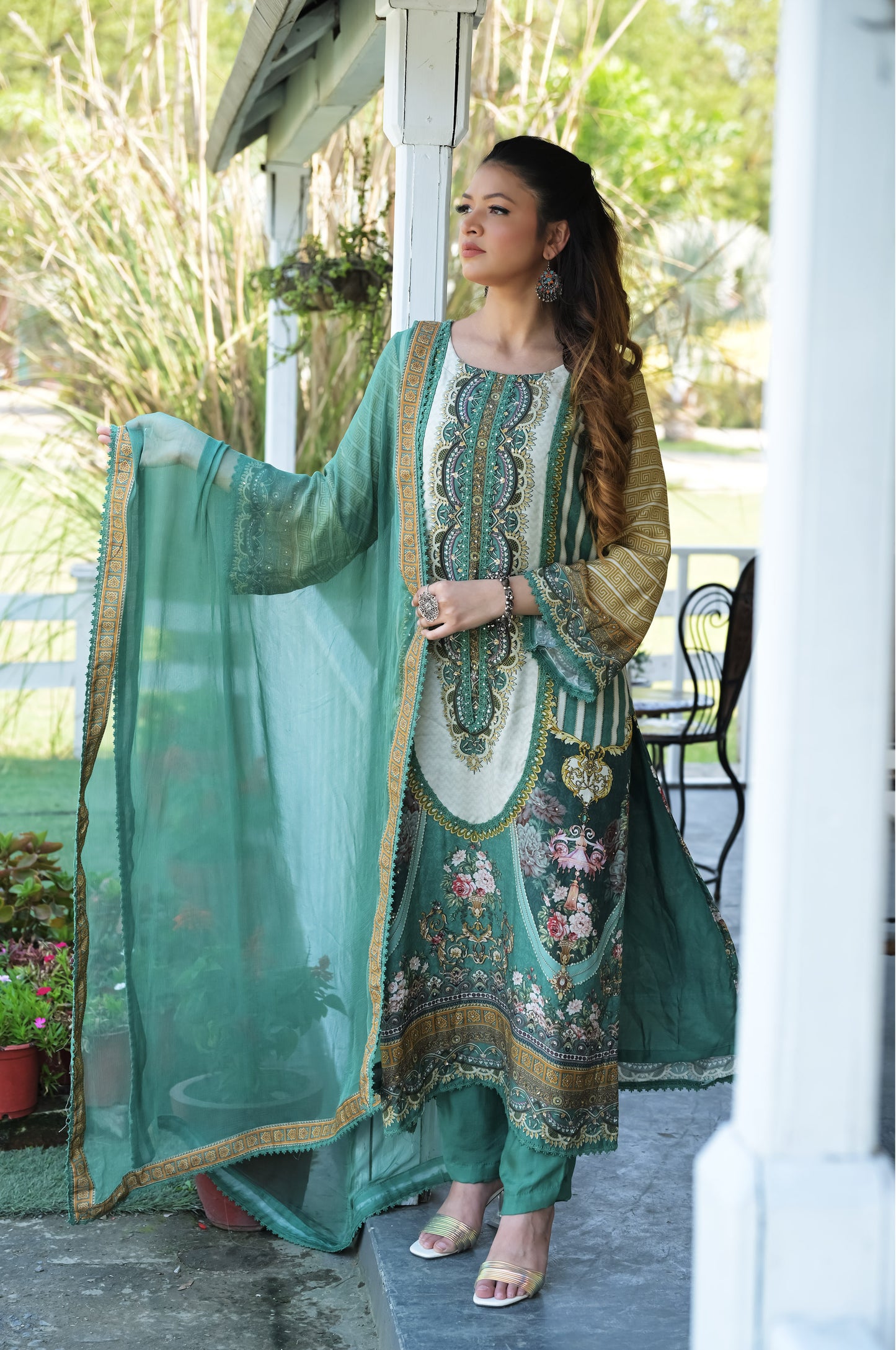 Persian, Pine Green Cotton Muslin Suit - Summer Collection #ISH-018-02