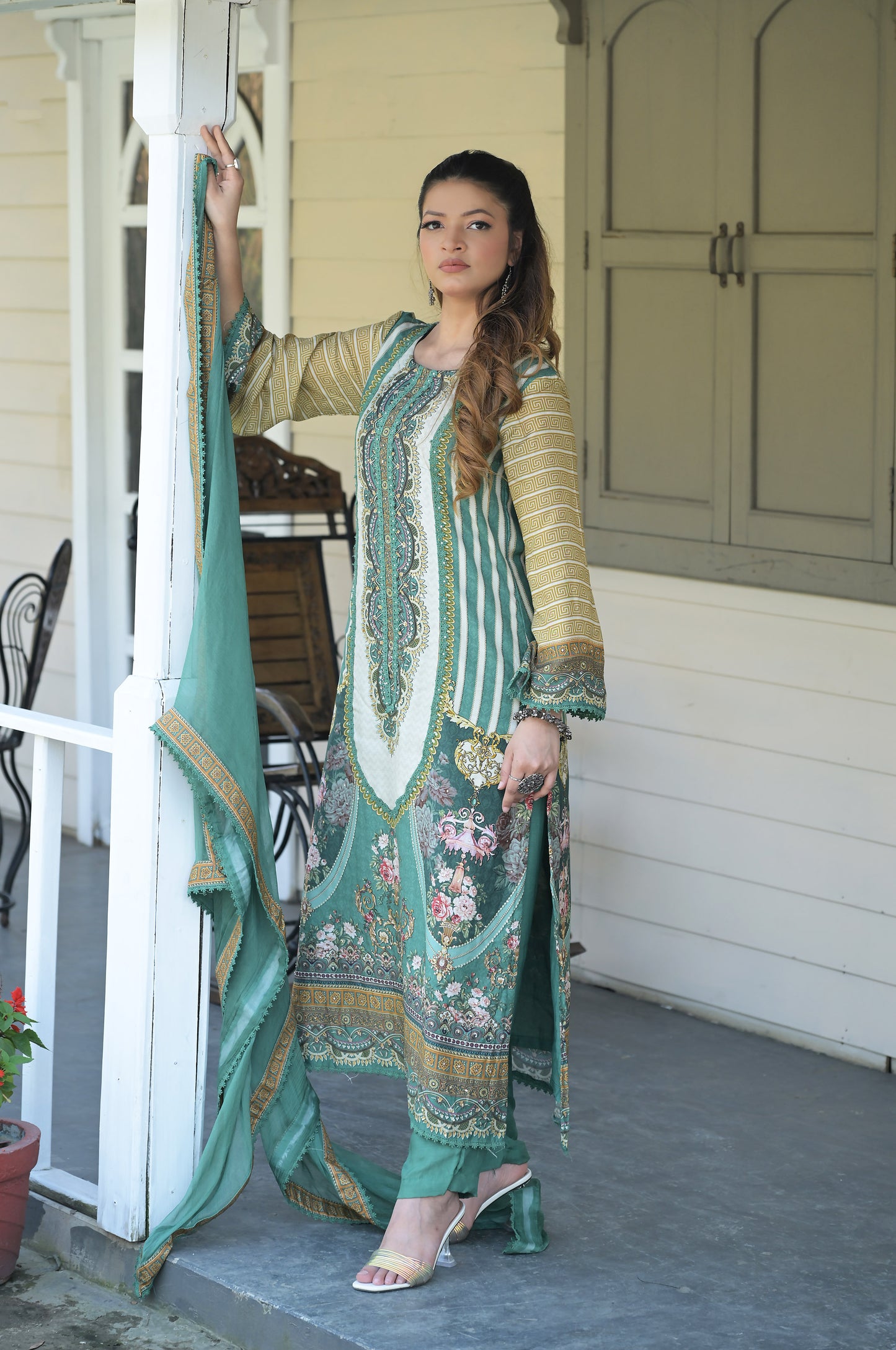 Persian, Pine Green Cotton Muslin Suit - Summer Collection #ISH-018-02