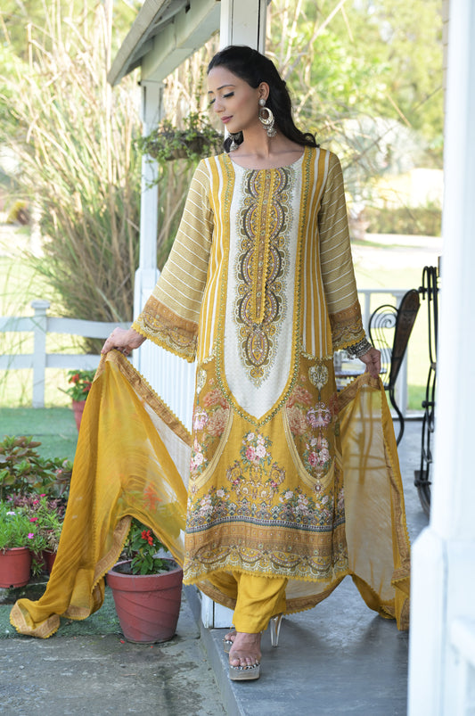 Persian, Mustard Cotton Muslin Suit - Summer Collection #ISH-018-03