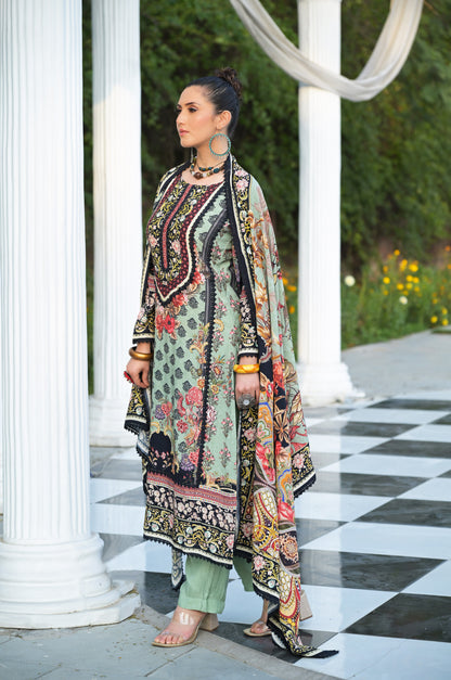 Floral Green Cotton Muslin Suit - Summer Collection #ISH-019-02