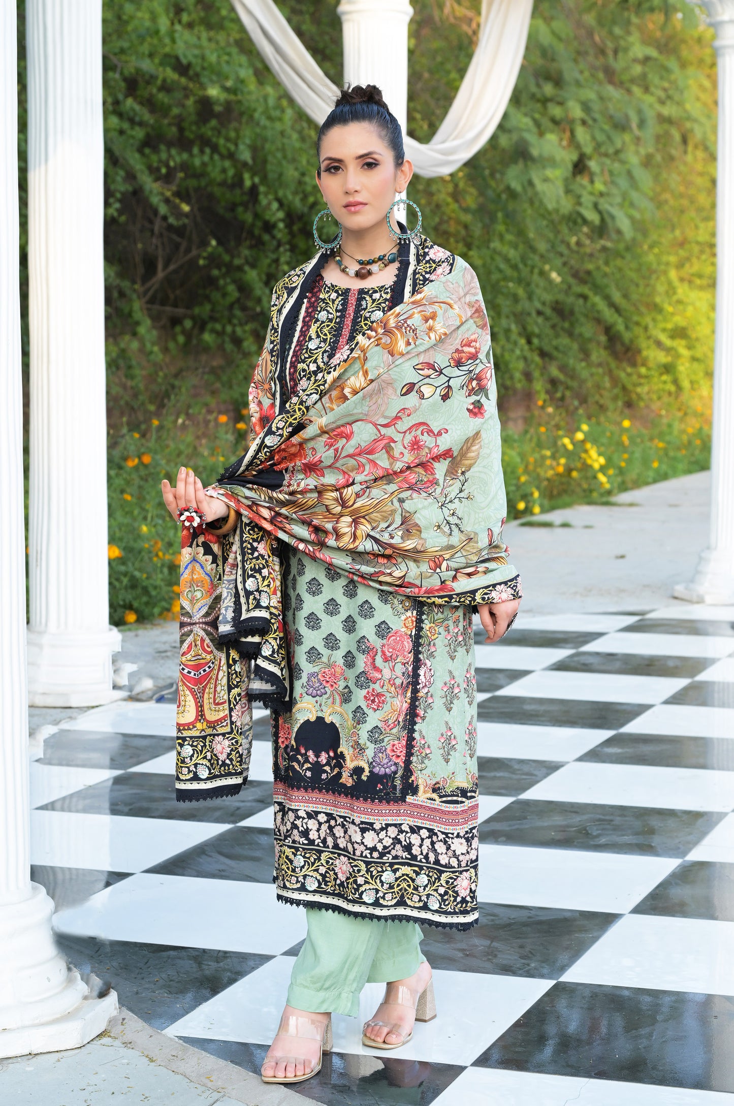 Floral Green Cotton Muslin Suit - Summer Collection #ISH-019-02