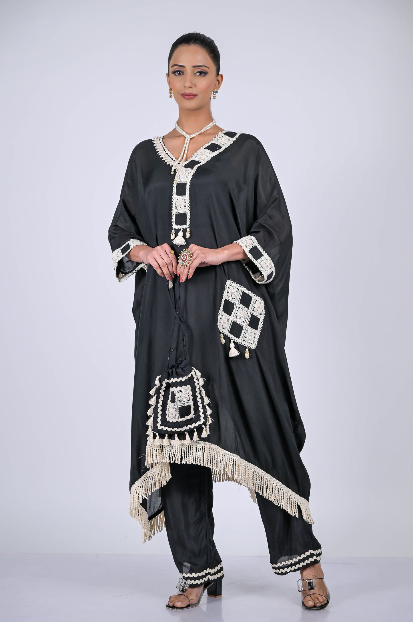 Chic Black Tunic Dress with Delicate Lace Details : Modern Sophistication - #ISH-49-01