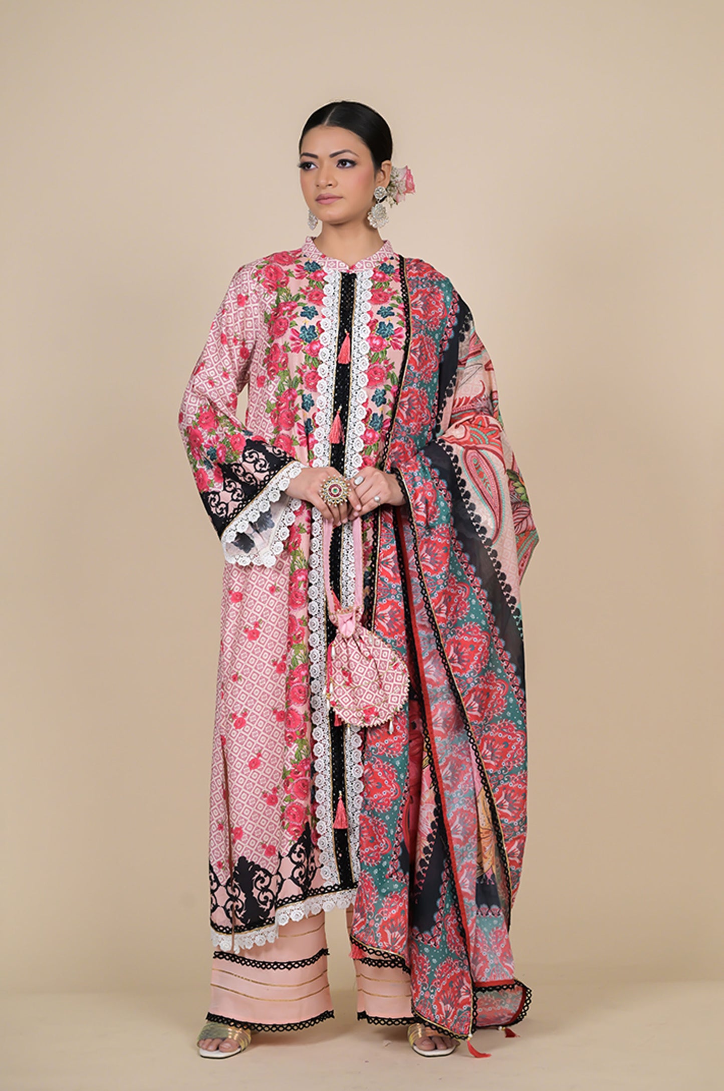 Amazing Coral Pink Floral Suit - A Timeless Classic Cotton Muslin - #ISH-36-01