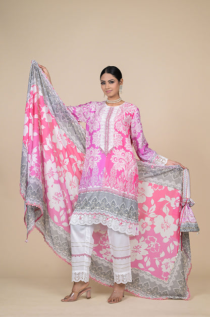 Vibrant Pink Floral Designer Suit - Perfect for Every Occasion Cotton Muslin - #ISH-32-01