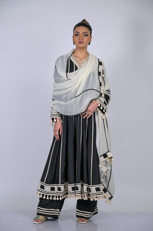Elegant Black Anarkali Suit with Delicate Lace Work: Modern Sophistication  - #ISH-48-02