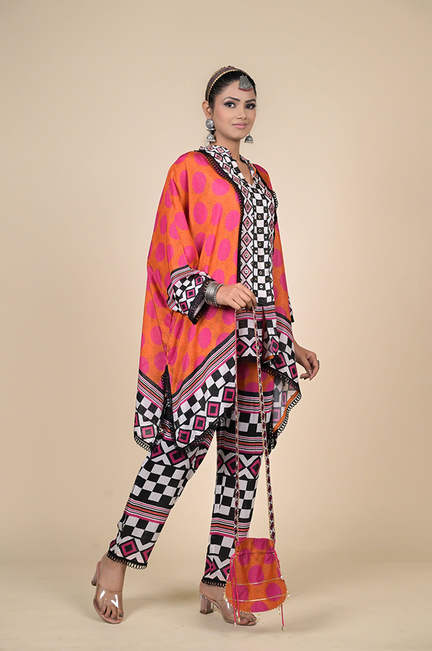 Abstract Printed Coral Kaftan Orange , Cotton Muslin - Summer Collection #ISH-24-01