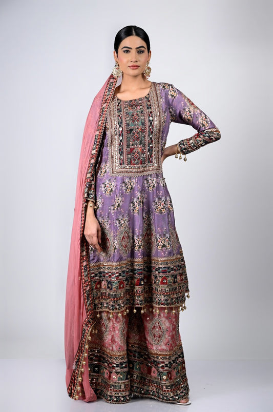 Traditional Pakistani Embroidered Sharara Suit in Lavender and Pink Pink - Pure Imported Muslin  #ISH-60-01