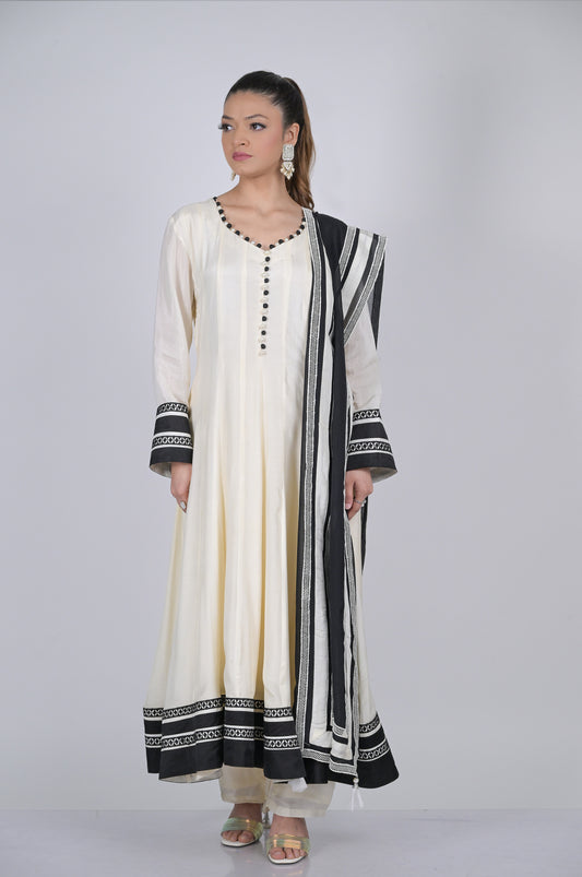 Cream Cotton Silk Anarkali Suit Set - A Timeless Classic  - #ISH-44-01