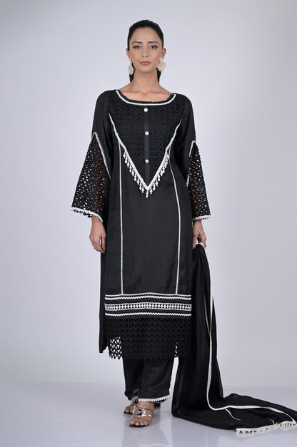 Stunning Black Suit Set Cotton Silk : Modern Sophistication  - #ISH-46-01