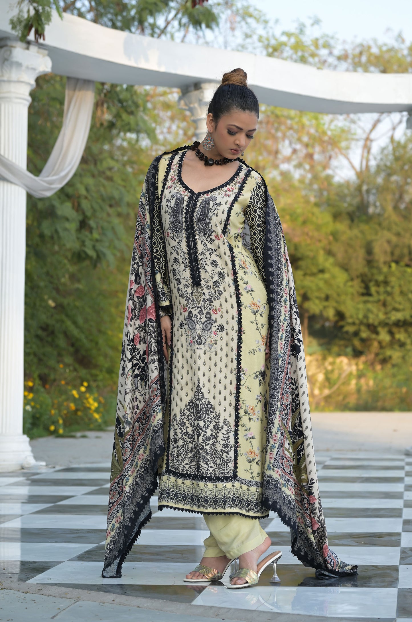 Creamy Intricate printed Cotton Muslin Suit - Summer Collection #ISH-020-01