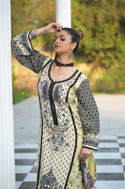 Creamy Intricate printed Cotton Muslin Suit - Summer Collection #ISH-020-01