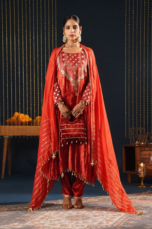 Red Velvet Choga Suit Set with Potli – Jashn-E-Rang