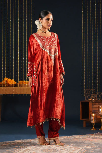 Red Velvet Choga Suit Set with Potli – Jashn-E-Rang