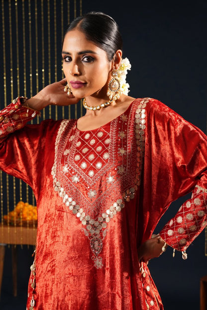 Red Velvet Choga Suit Set with Potli – Jashn-E-Rang