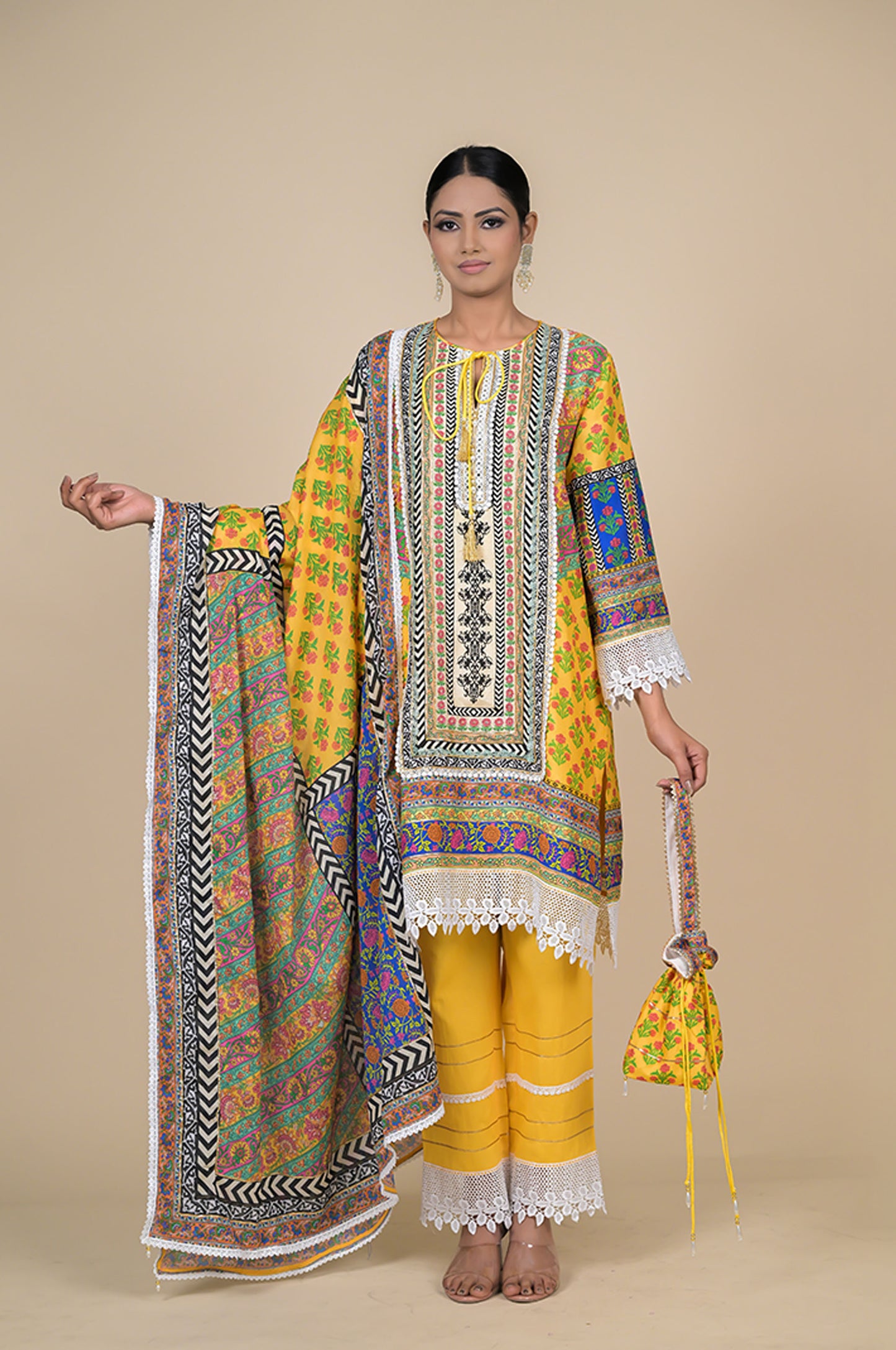 Corn Yellow Chevron Printed Suit Set, Cotton Muslin - Summer Collection #ISH-30-01