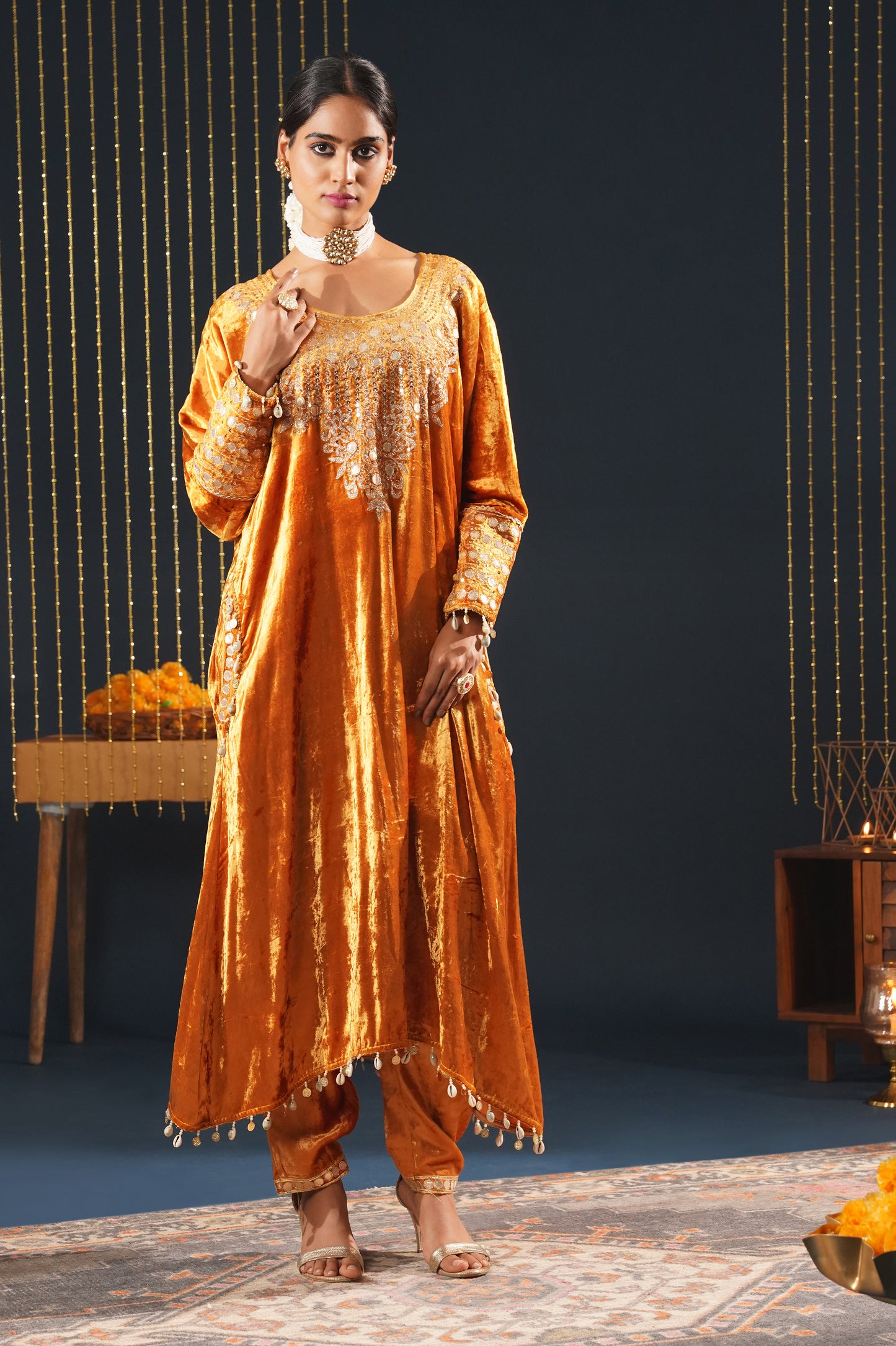 Jashn-E-Rang - Mustard Velvet Choga Suit Intricate Heritage Embroidery