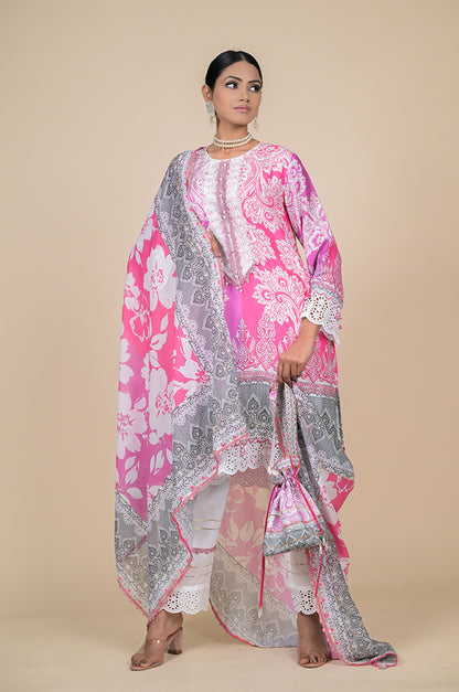 Vibrant Pink Floral Designer Suit - Perfect for Every Occasion Cotton Muslin - #ISH-32-01