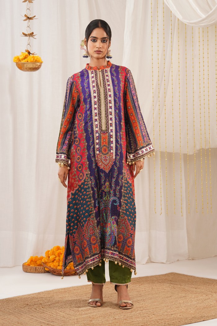 Elegant Blue Multicolored Crepe Suit Set with Potli – Riwayat