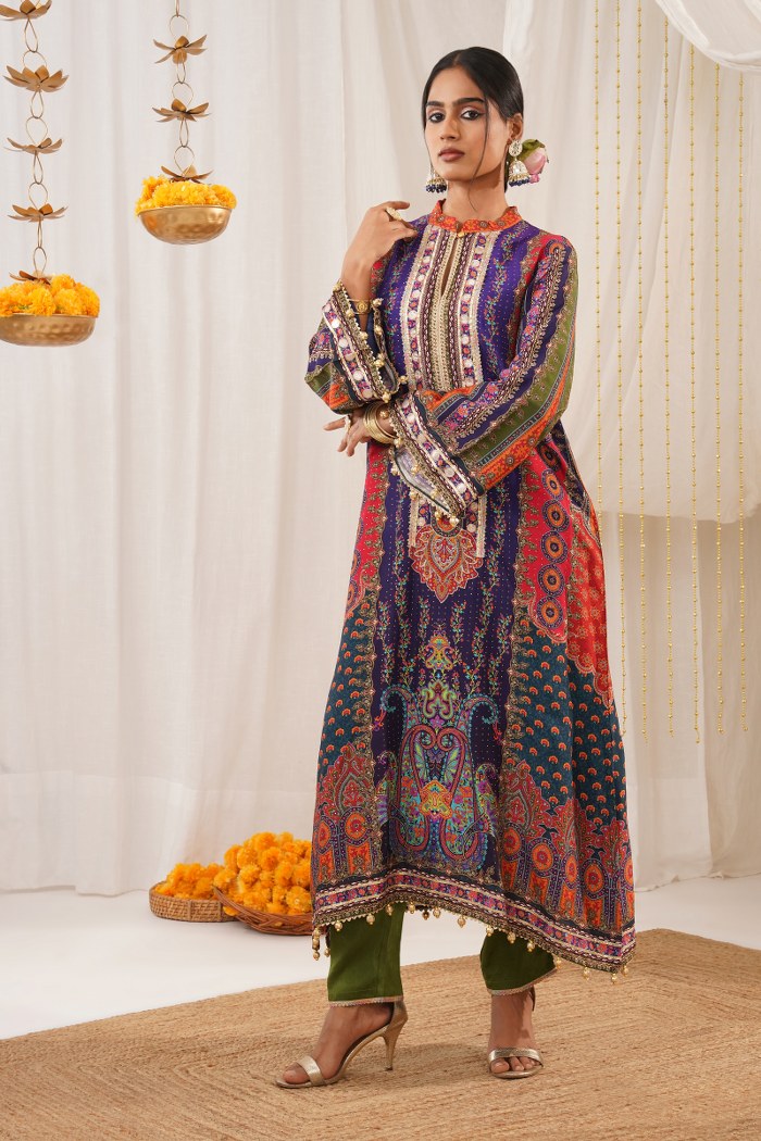 Elegant Blue Multicolored Crepe Suit Set with Potli – Riwayat