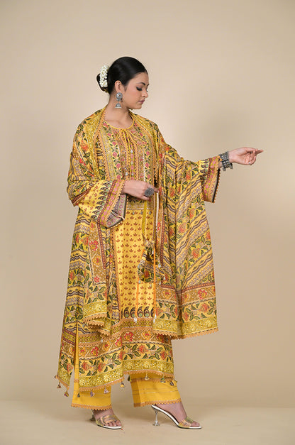 Vibrant Yellow Floral Suit Set - A Timeless Classic Cotton Muslin - #ISH-38-01