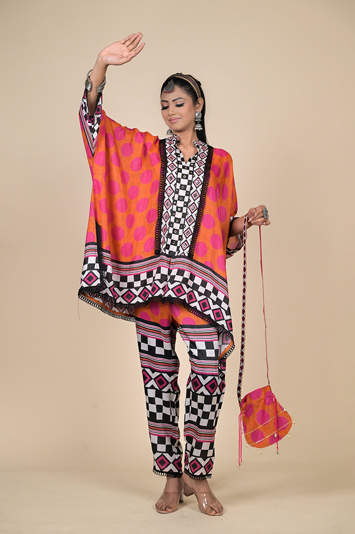 Abstract Printed Coral Kaftan Orange , Cotton Muslin - Summer Collection #ISH-24-01