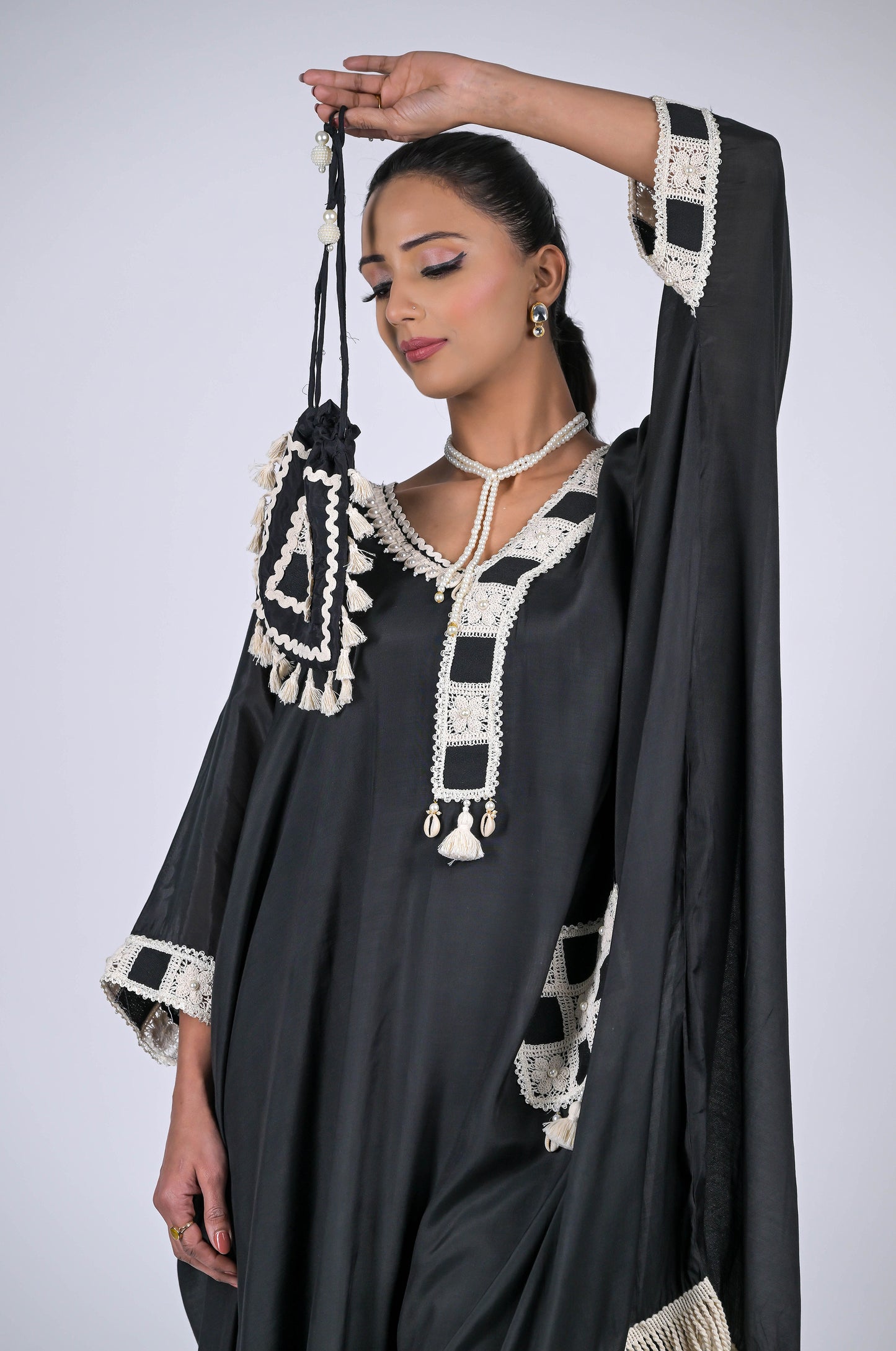 Chic Black Tunic Dress with Delicate Lace Details : Modern Sophistication - #ISH-49-01