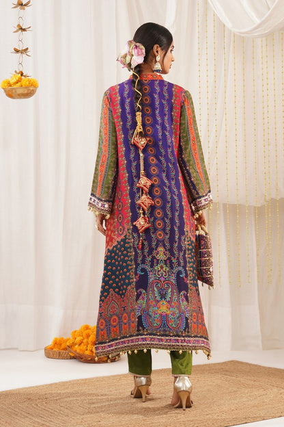 Elegant Blue Multicolored Crepe Suit Set with Potli – Riwayat