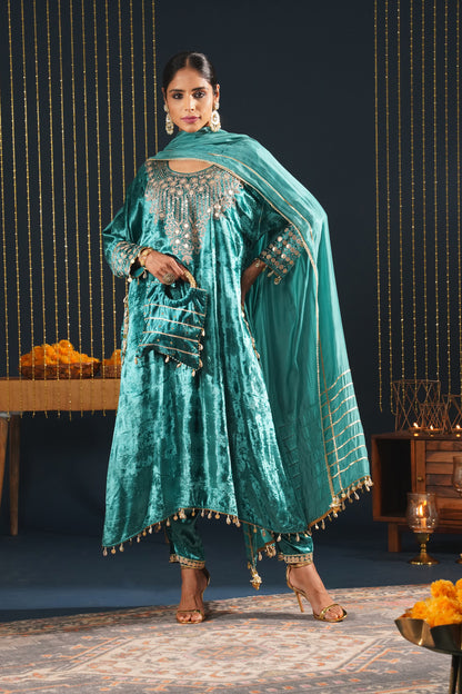 Jashn-E-Rang - Teal Velvet Choga Suit Set with Intricate Embroidery