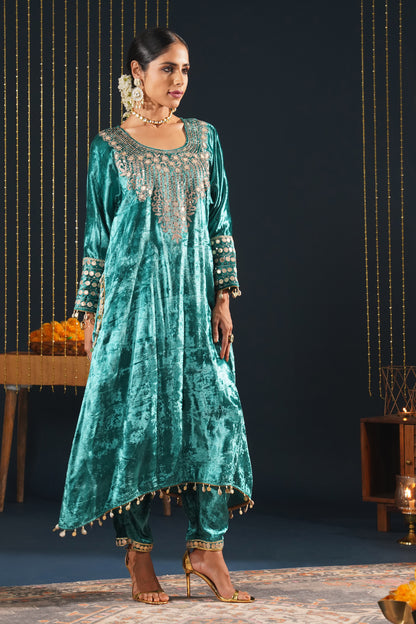 Jashn-E-Rang - Teal Velvet Choga Suit Set with Intricate Embroidery