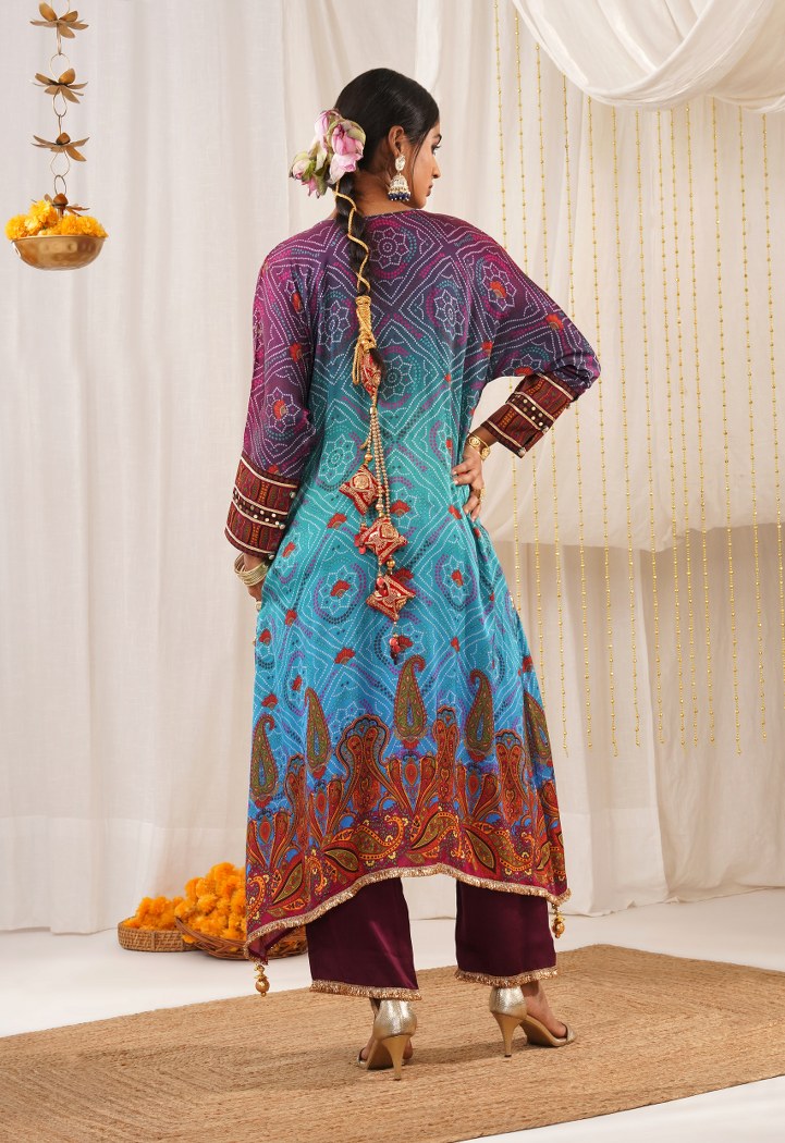 Vibrant Multicolor Blue Hues Choga Suit Set - Riwayat