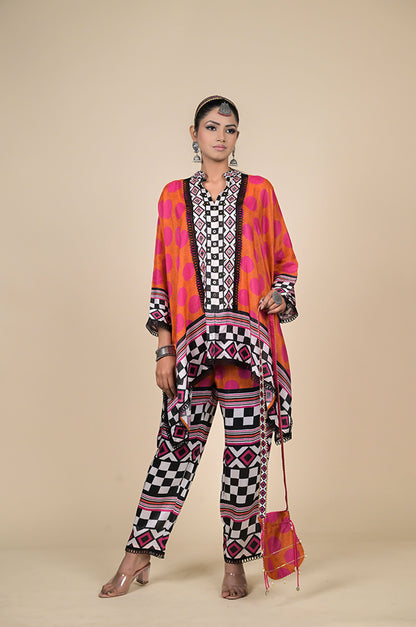 Abstract Printed Coral Kaftan Orange , Cotton Muslin - Summer Collection #ISH-24-01