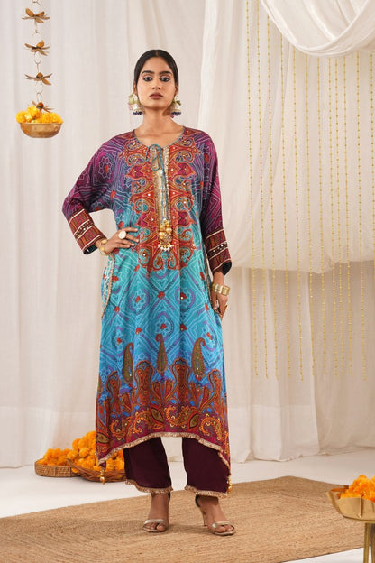 Vibrant Multicolor Blue Hues Choga Suit Set - Riwayat