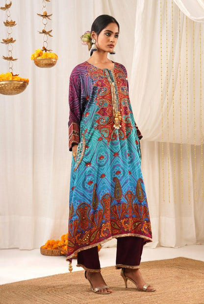 Vibrant Multicolor Blue Hues Choga Suit Set - Riwayat