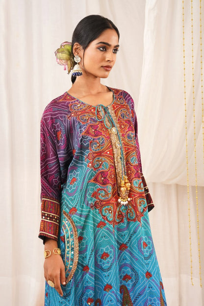 Vibrant Multicolor Blue Hues Choga Suit Set - Riwayat