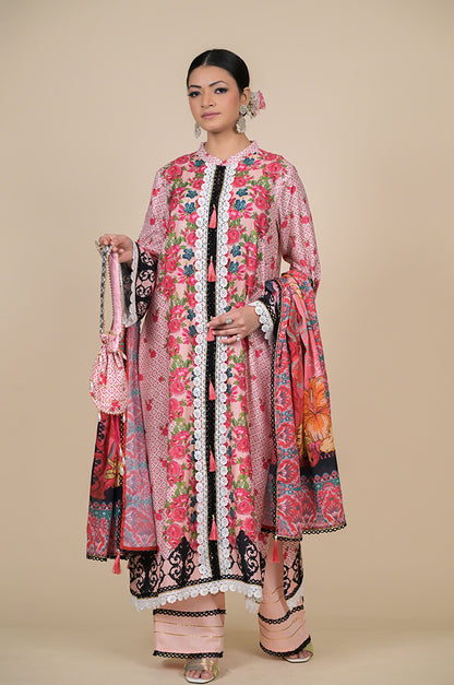 Amazing Coral Pink Floral Suit - A Timeless Classic Cotton Muslin - #ISH-36-01