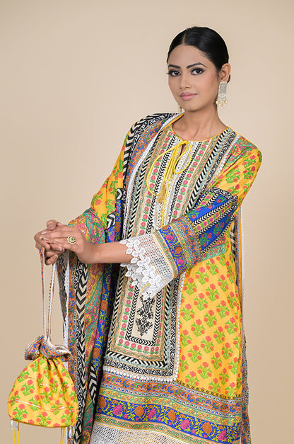 Corn Yellow Chevron Printed Suit Set, Cotton Muslin - Summer Collection #ISH-30-01