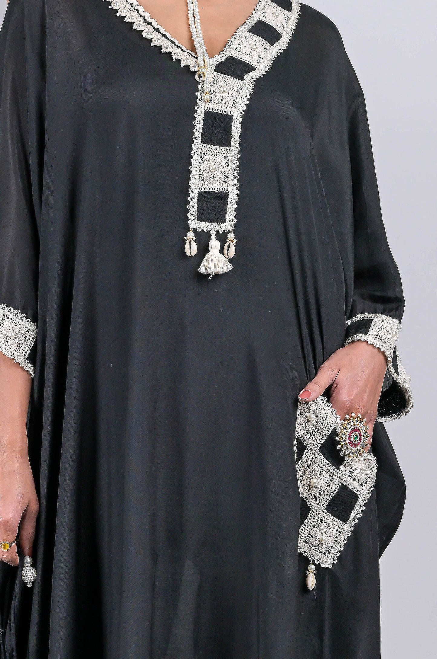 Chic Black Tunic Dress with Delicate Lace Details : Modern Sophistication - #ISH-49-01