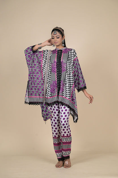 Geometrical Printed Kaftan in Frost White , Cotton Muslin - Summer Collection #ISH-25-01