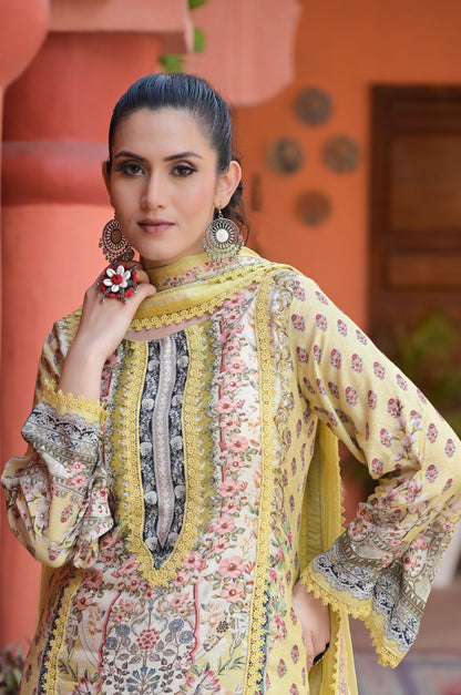 Pastel Yellow Print Suit Set, Cotton Muslin - Summer Collection #ISH1395