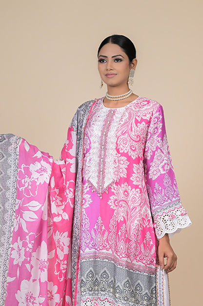 Vibrant Pink Floral Designer Suit - Perfect for Every Occasion Cotton Muslin - #ISH-32-01