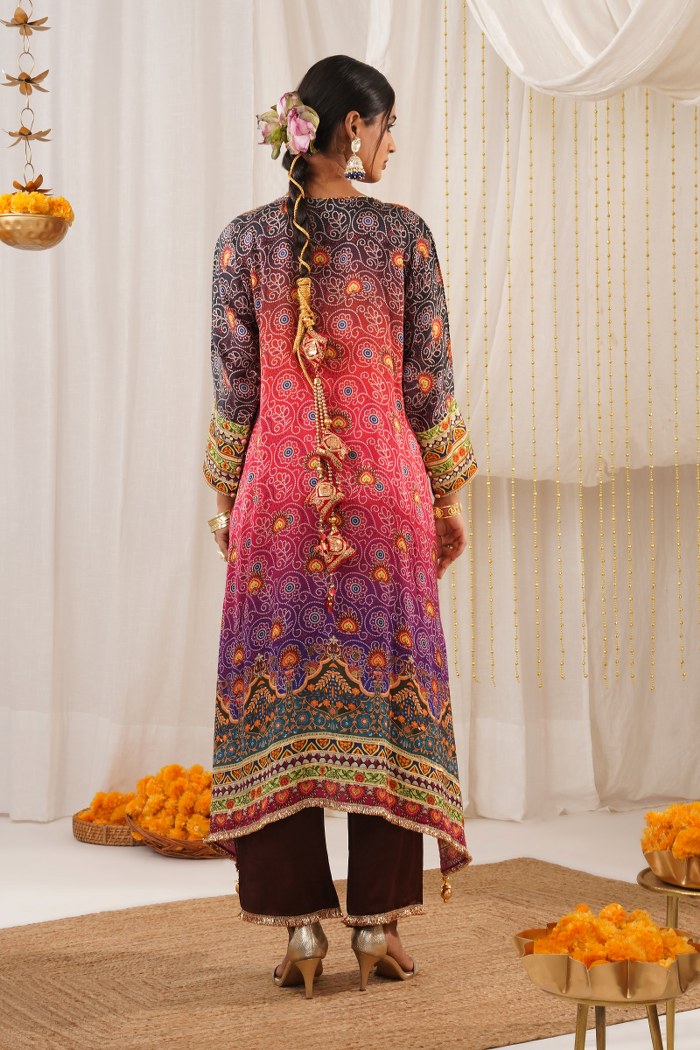 Vibrant Multicolor Pink Hues Choga Suit Set - Riwayat