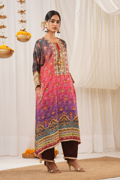 Vibrant Multicolor Pink Hues Choga Suit Set - Riwayat